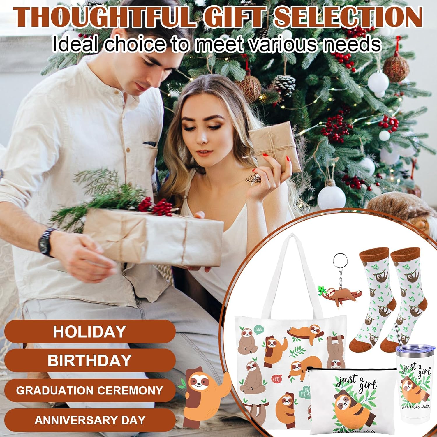 VAIPI 5 Pcs Sloth Gifts for Women Girls Sloth Stuff Include 20 Oz Sloths Stainless Steel Tumbler Canvas Bags Cute Socks Funny Keychain Birthday Christmas Gifts for Her Sloths Lover - Image 7