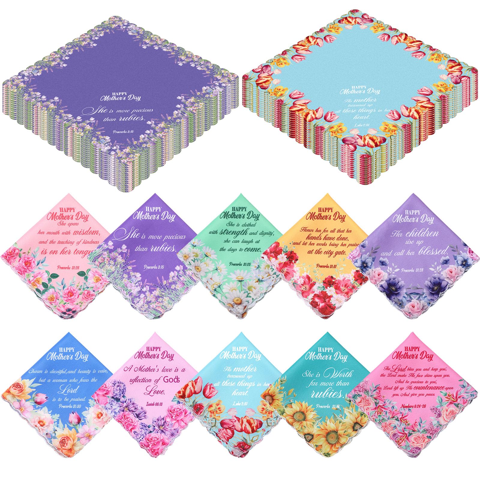 60 Pcs Christian Mother's Day Gifts Church Bible Verse Floral Handkerchiefs Bulk Religious Inspirational Quote for Mom Women-image-25