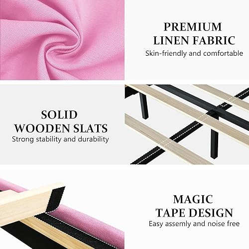 Miniatura 75 de BarnFurin Base de cama de tamaño matrimonial con cabecero, cama de plataforma tapizada con cabecera capitonada con botones ajustables, marco de cama