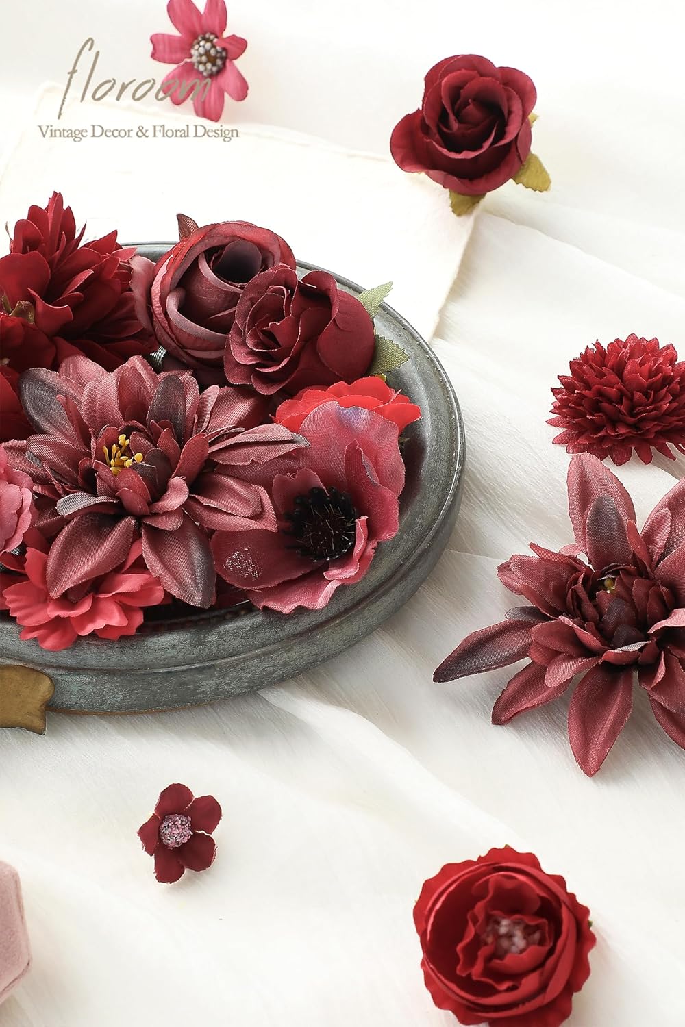 Floroom Mini Artificial Flower Heads Burgundy & Red Fake Peony Daisy Rose Multicolor Small Faux Silk Flower Heads for Cake Craft Garland Wedding Party Graduation Cap DIY Home Decoration, 0.8"-3.6" - Image 3