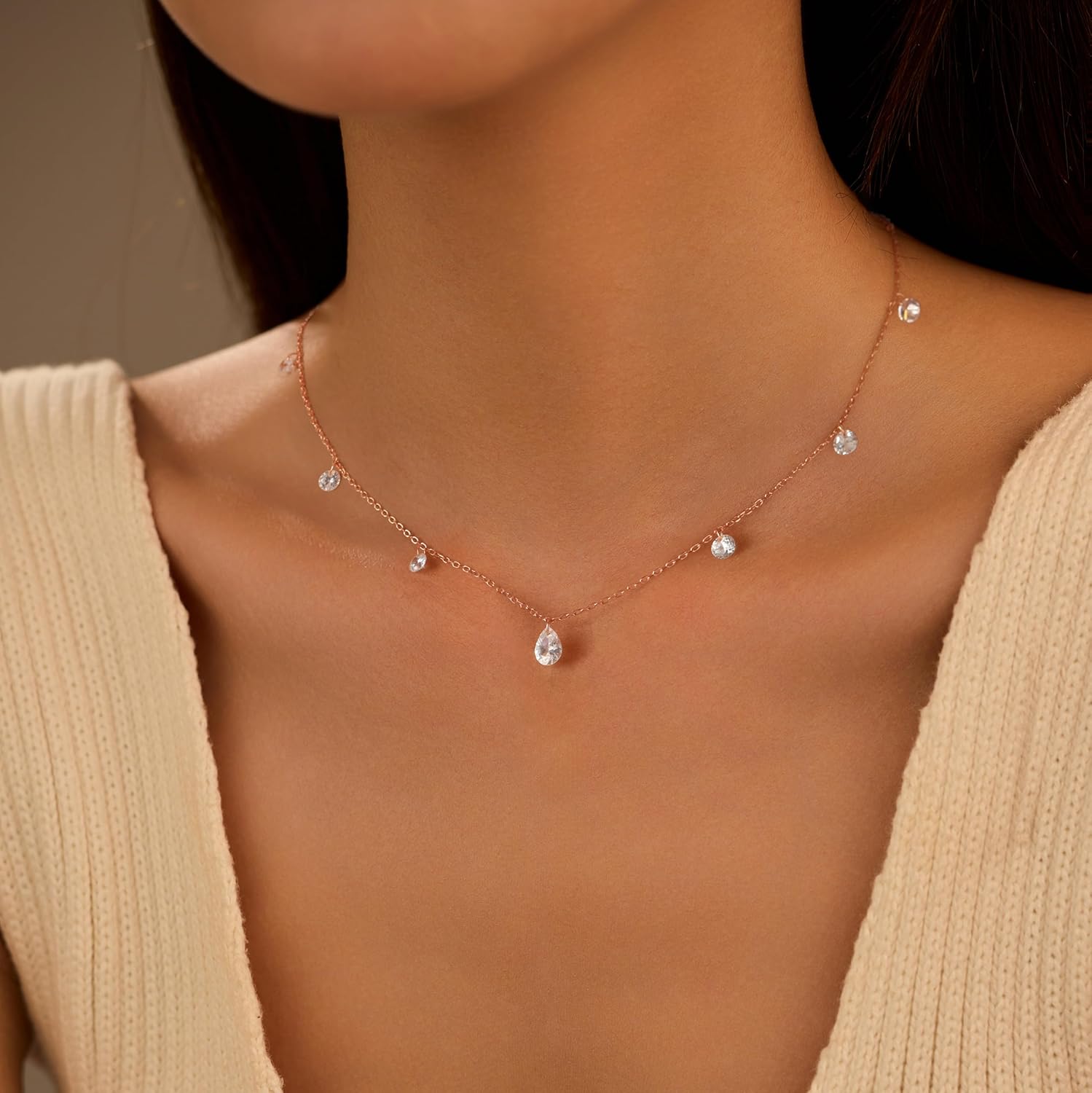 Diamond Necklaces for Women, 925 Sterling SIlver White Cubic Zirconia Choker Necklace 14K Gold Plated Dainty Simple Six CZ Non Tarnish Charm Chain Trendy Wedding Birthday Jewelry Gifts - Image 3