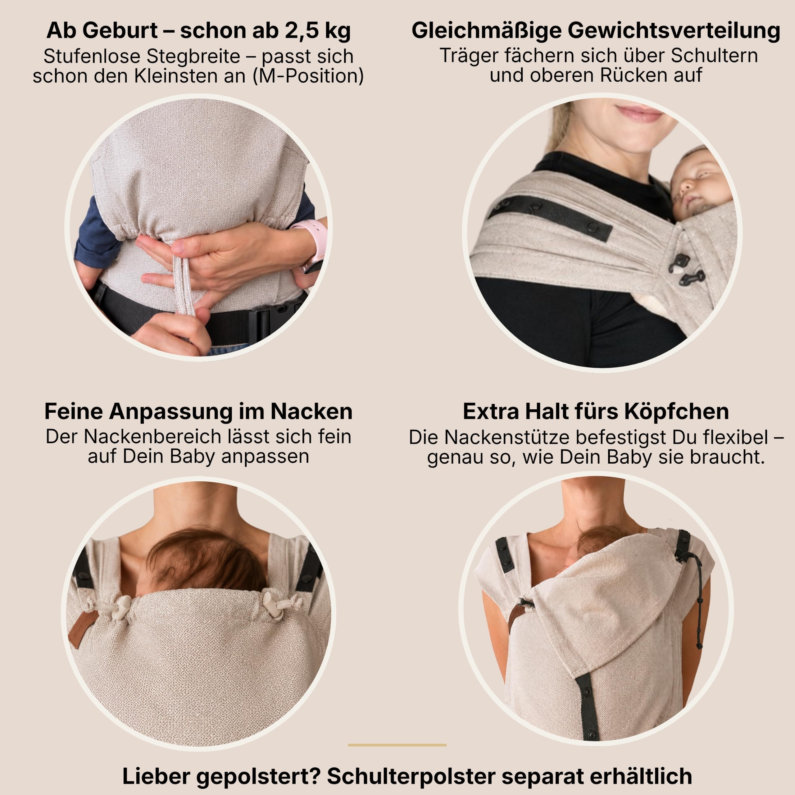 Hoppediz Primeo - Marsupio Neonato 0-36 Mesi - Porta Bebè Ergonomico e Confortevole, Creta