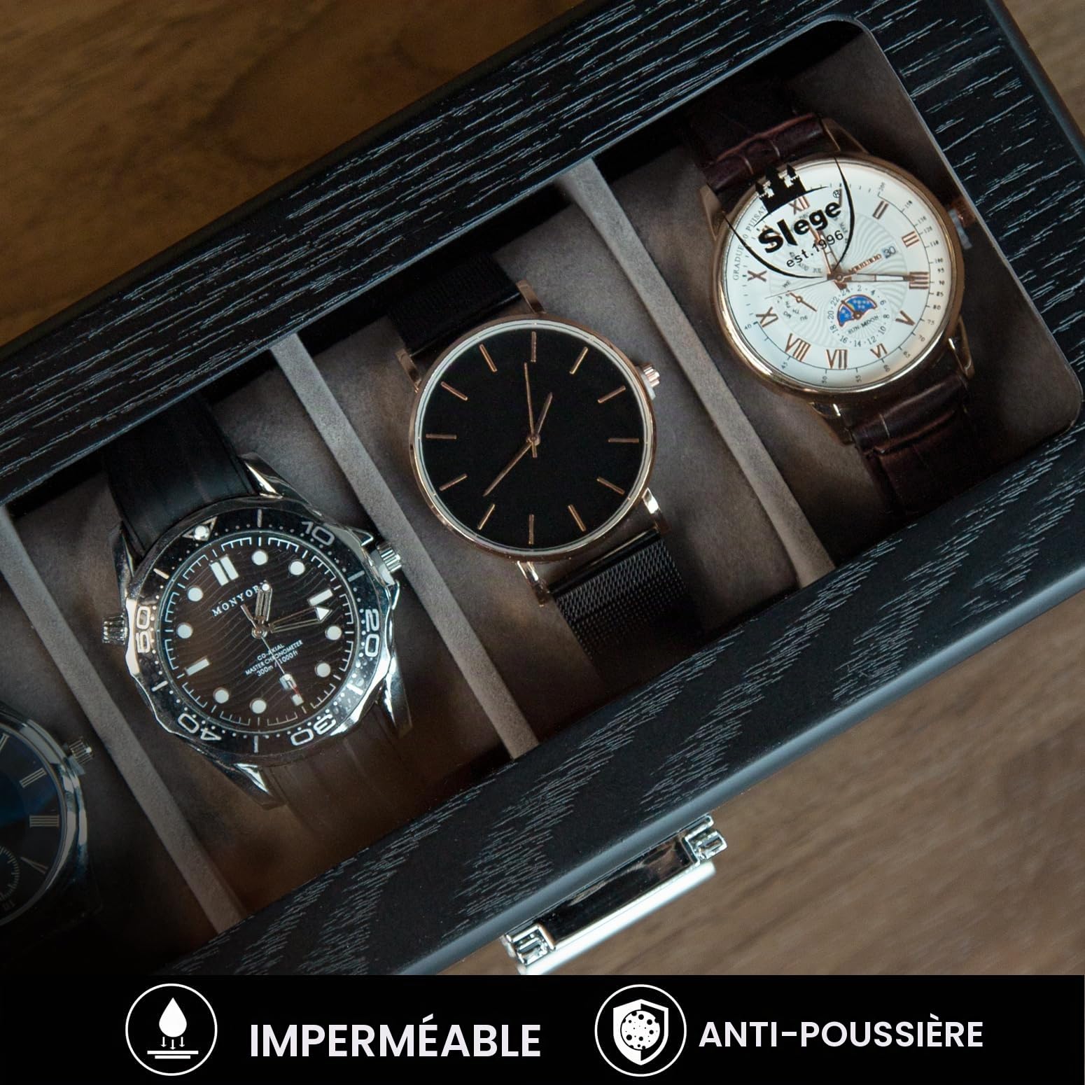 Slege Boîte à Montres en Bois,Fabriqué à Main,4 Emplacements avec Tiroir de Valet,Boîte à Montres pour Homme et Femme,Boîte de Rangement,avec Couvercle en Verre,Support de Montre,Watch Box Cadeau
