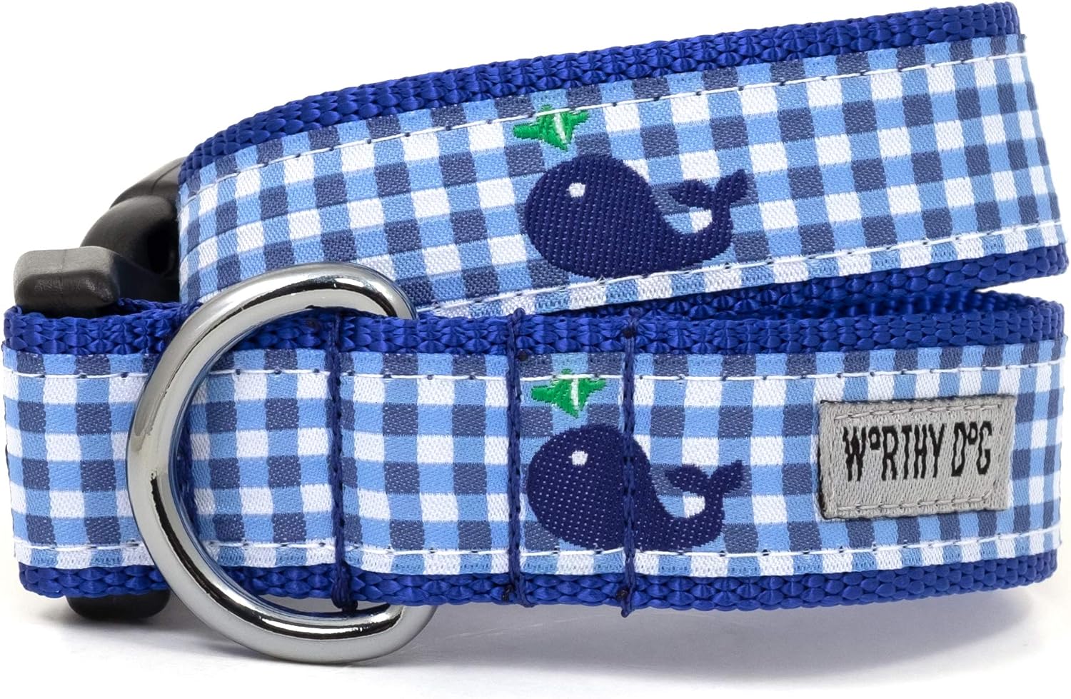 The Worthy Dog Gingham Whales Stylish & Durable Nylon Dog Collars, Adjustable Strong Buckle - Medium, Blue