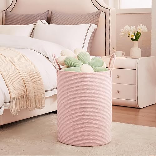 Miniatura 9 de Cesta de ropa sucia rosa para guardería, 15 pulgadas de profundidad x 20 pulgadas de alto, cesta de lavandería tejida para niñas, cesta de ropa
