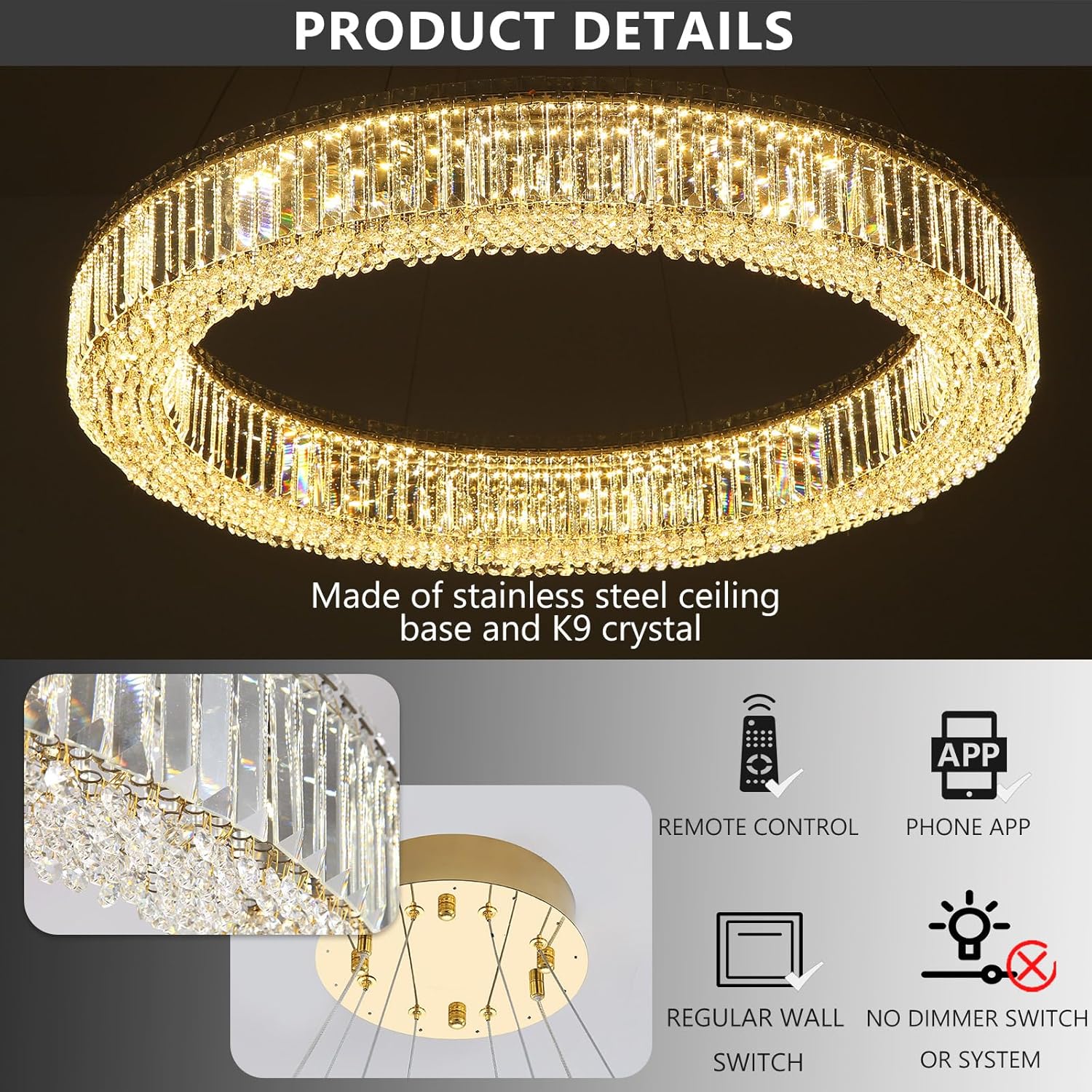40'' Modern Ring Chandeliers for High Ceiling Luxury Dimmable Crystal Ceiling Light Fixtures for Foyer Staircase Entrance Villa Large Gold