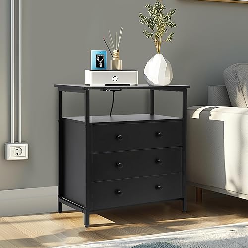 Miniatura 8 de 3 Wooden Drawers Night Stand, 27 Inch Wide Nightstand with Charging Station and Adjustable Drawers, Small Dresser for Closet, Bedside Table for
