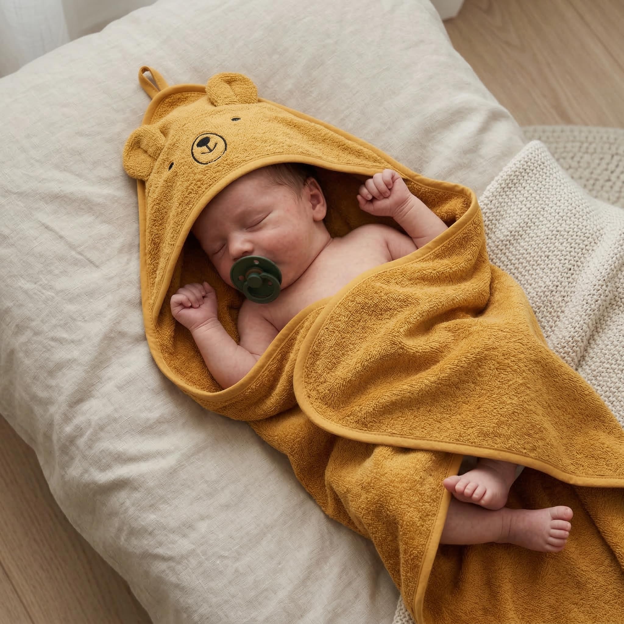 Denmark - Premium Bio-Baumwolle Baby Badetuch - Kapuzenhandtücher für Kleinkinder und Baby Handtücher für Neugeborene Mädchen und Junge - Super weich und saugfähig, 32x32 (Bär - Herbstgelb)