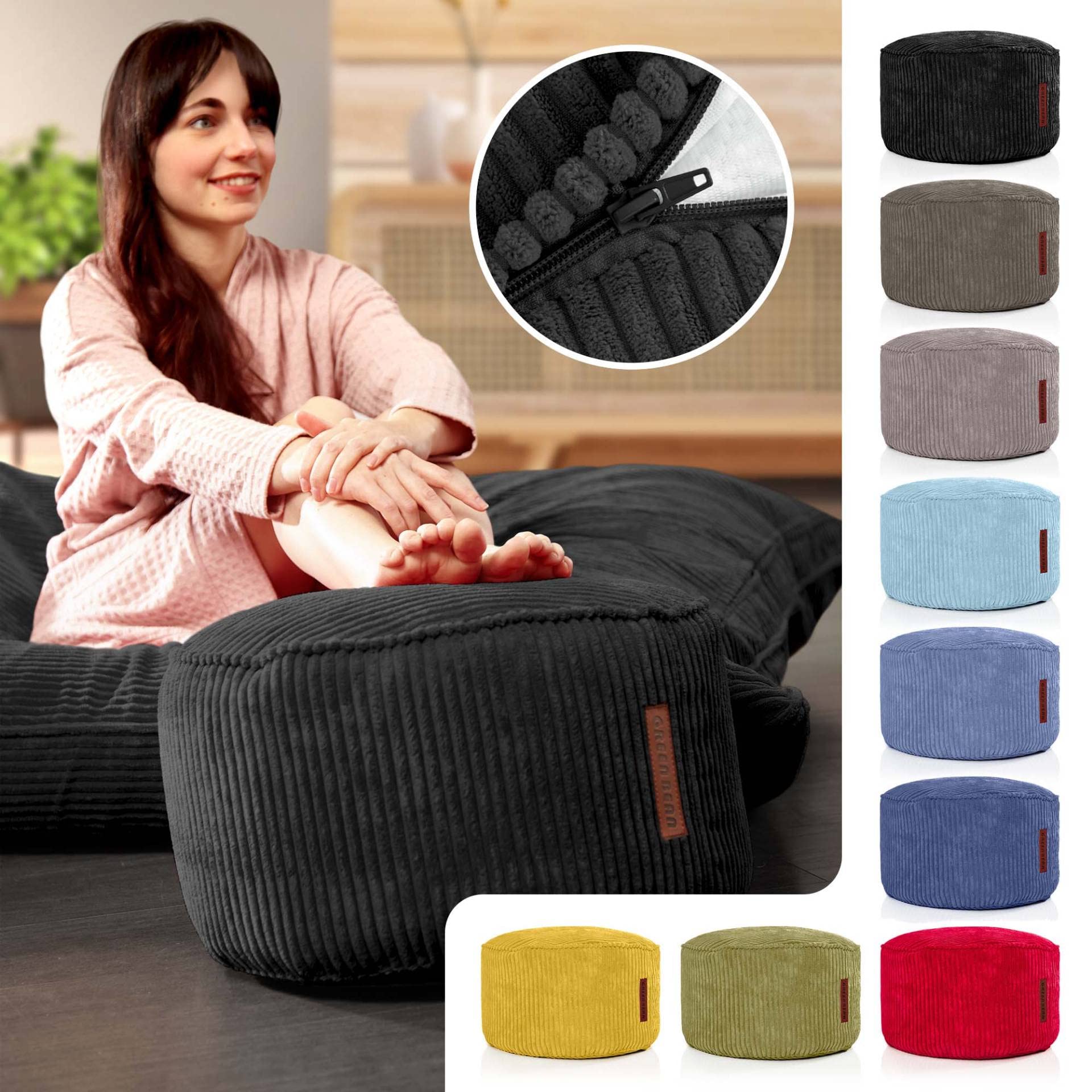 Green Bean Indoor Sitzhocker Pouf 45x25cm EPS-Perlen Füllung Cordstoff Waschbar Schwarz