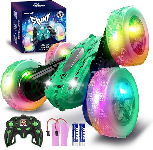 Traverse Star Coche de control remoto, auto de acrobacias RC giratorio de 360 con luces de rueda, faros delanteros de 2.4Ghz de doble cara, juguetes