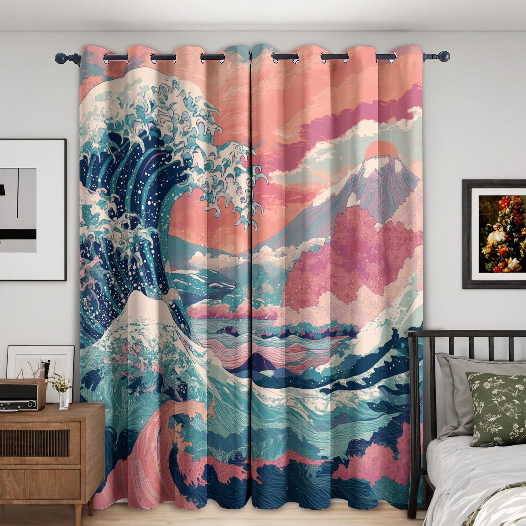 Japanese Wave Curtains Blackout Thermal 90 Inch Drop, Mount Fuji Ukiyo-e Window Treatments for Living Room Bedroom Accessories, Eyelet Drapes 90x90, 2 Panels YD154