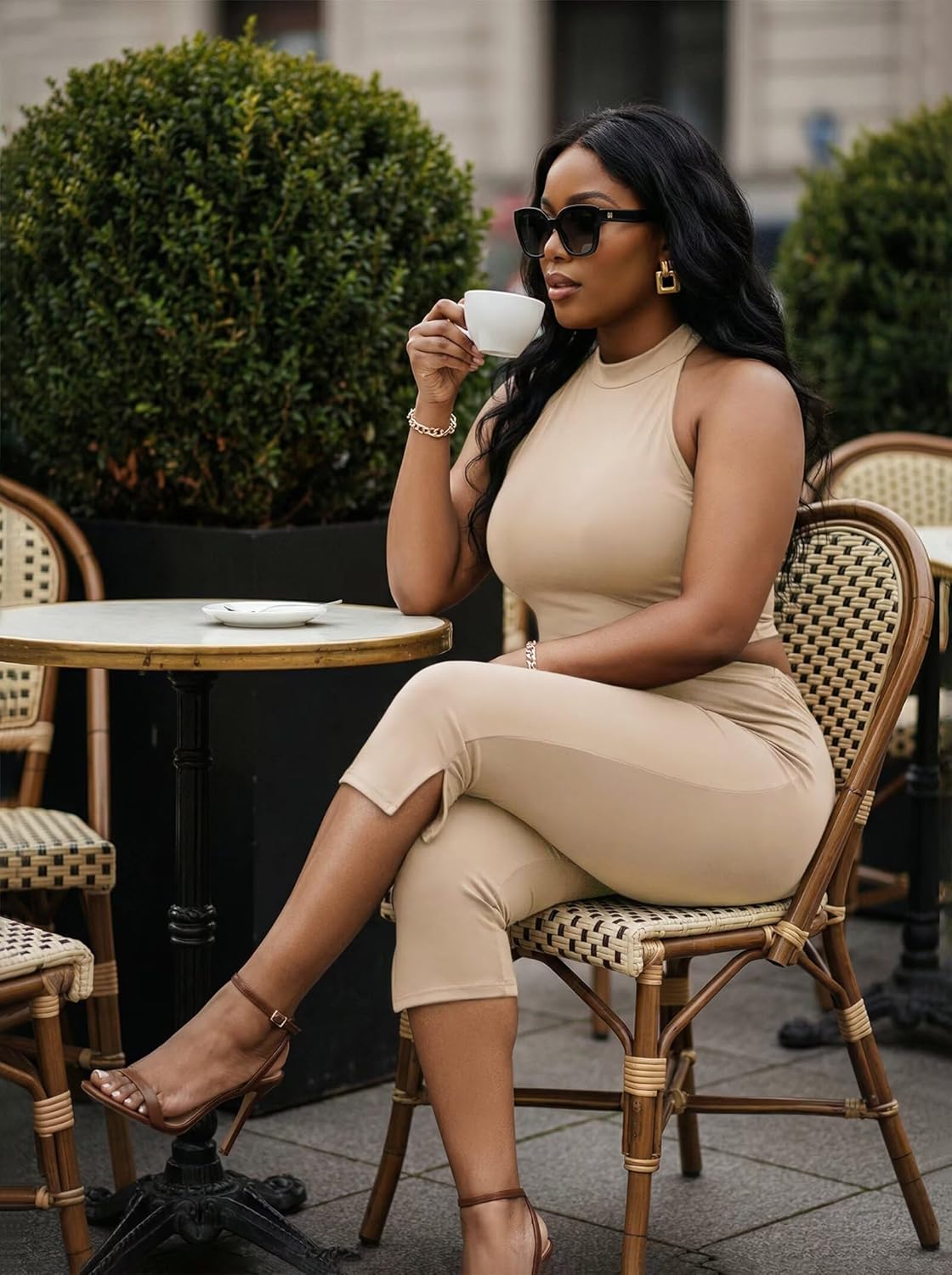 ENOPINK 2 Piece Outfits for Women Sexy Backless Halter Bodycon Capri Pants Sets Sleeveless Tank Crop Top Casual Tracksuit - Image 7