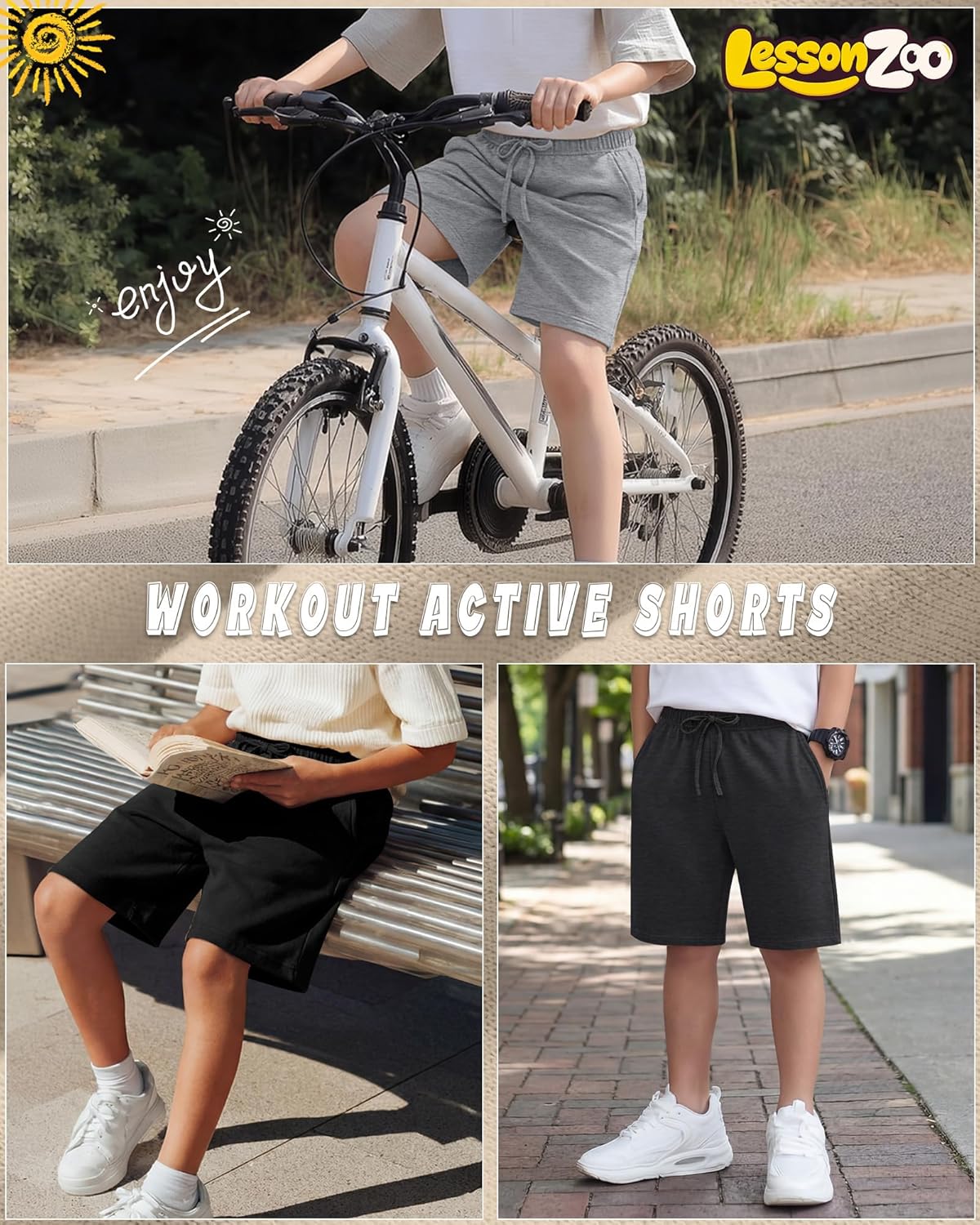 3 Pack Boys Shorts Kids Pull on Athletic Baggy Sweat Shorts with Pockets Elastic Waist Summer Casual 5-14 Years