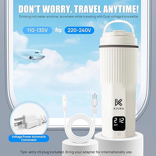 Miniatura 4 de KIVRA Hervidor de viaje portátil de acero inoxidable 316, caldera de agua portátil de 15.2 fl oz con 6 controles de temperatura, apagado automático