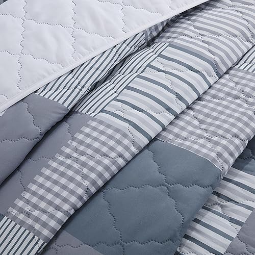 Miniatura 6 de HOMBYS Juego de colcha de retazos a cuadros de tamaño King de 128 x 120 pulgadas, juego de colcha acolchada ligera a cuadros para todas las