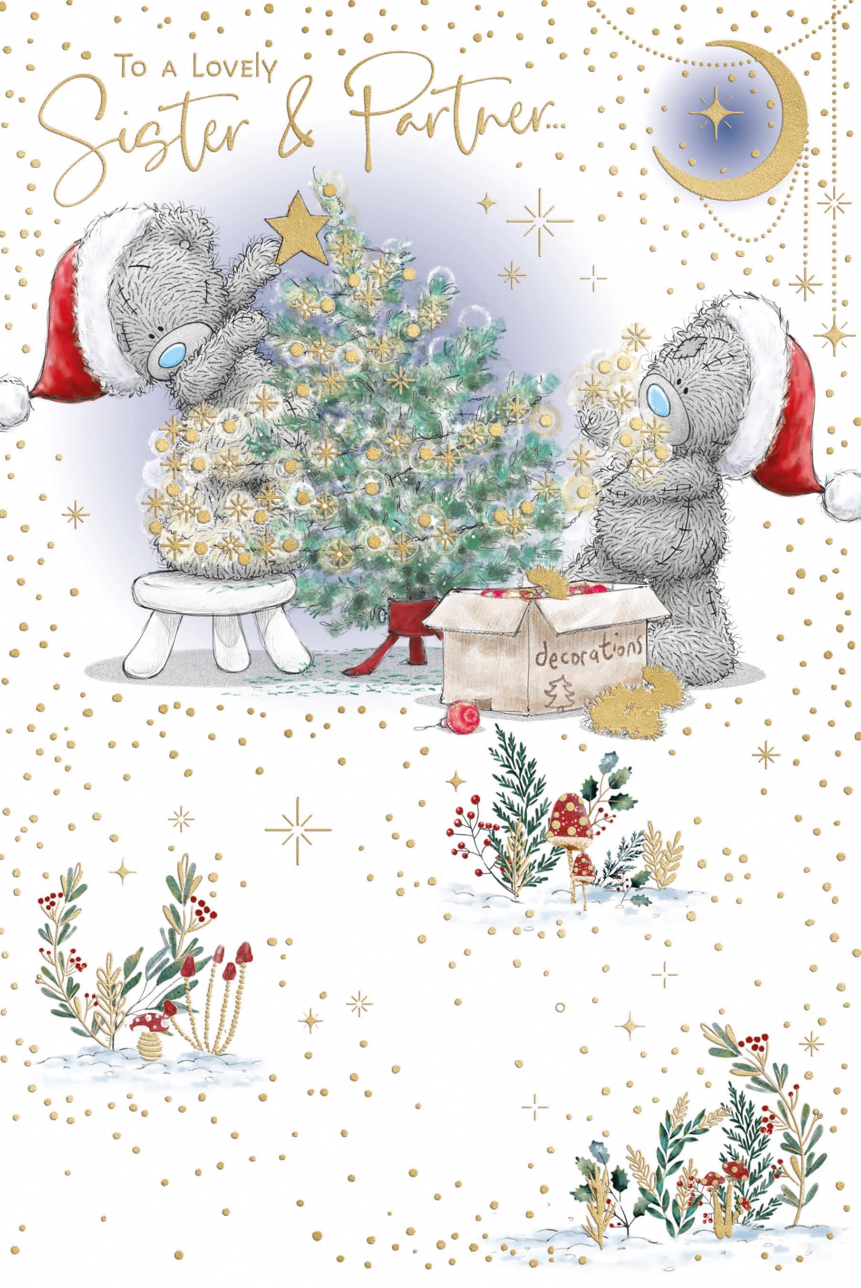 Me To You Tatty Teddy Christmas Card To Sister And Partner, Tatty Teddy Bears Decorating Tree 6x9ins - Official Collection