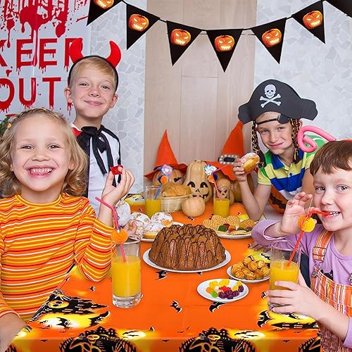 Miniatura 4 de Reofrey Mantel de mesa de Halloween para casa encantada, 3 piezas, mantel de calabaza de Halloween, mantel cuadrado, mantel de plástico desechable