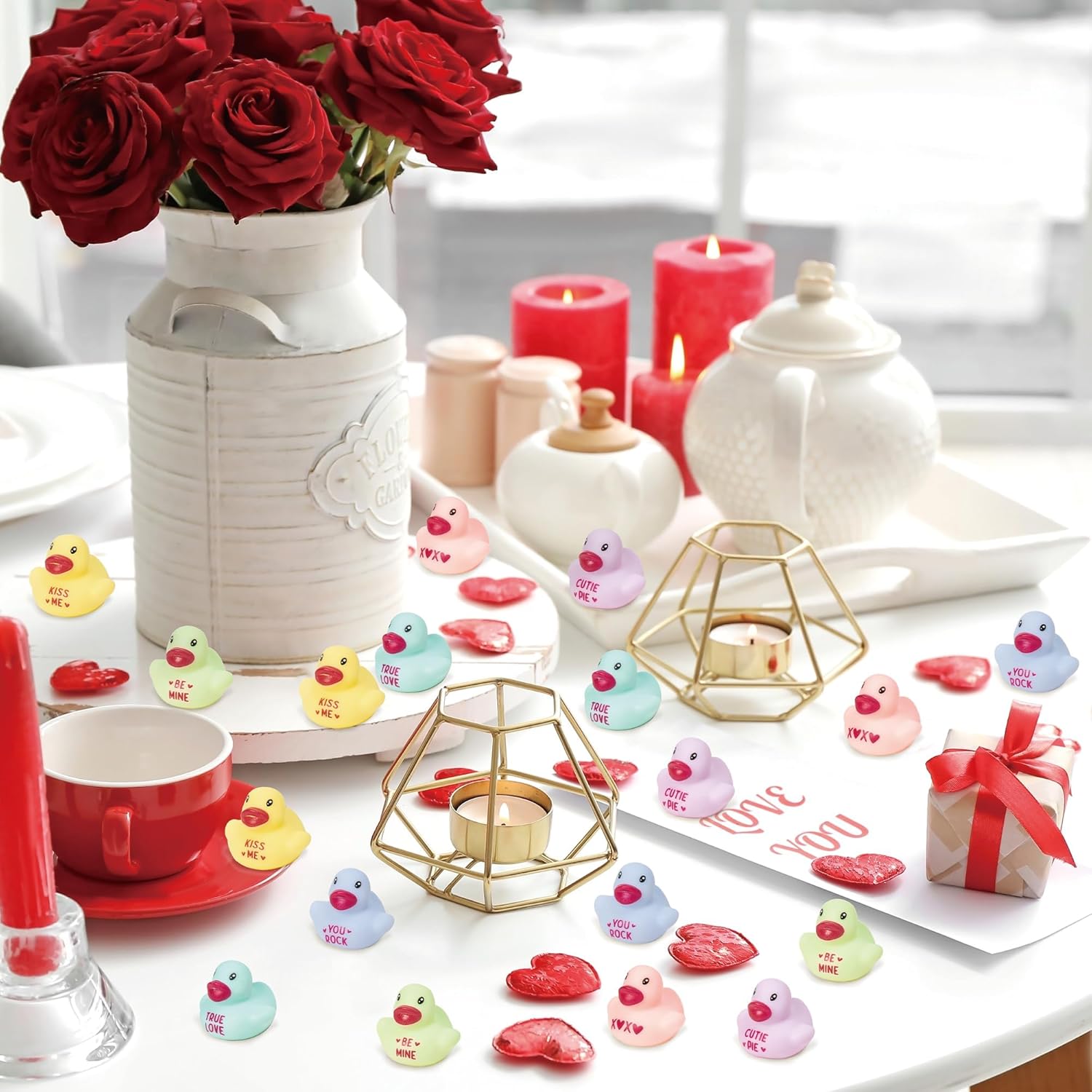 Haooryx Valentine's Day Mini Rubber Duck - 60Pcs Conversation Heart Themed Ducky Novelty Duck Squeak Bathtub Float Bath Toy for Valentines Wedding Decoration School Exchange Gift Birthday Party Favor