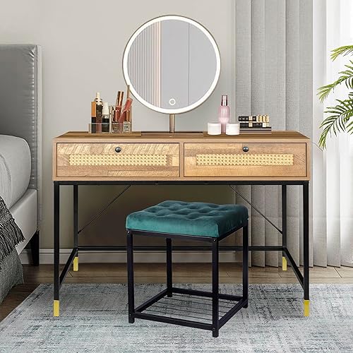 Miniatura 2 de Taburete de tocador copetudo de 18 pulgadas para niños y niñas, taburete de almacenamiento de maquillaje verde esmeralda, banco tapizado cuadrado,