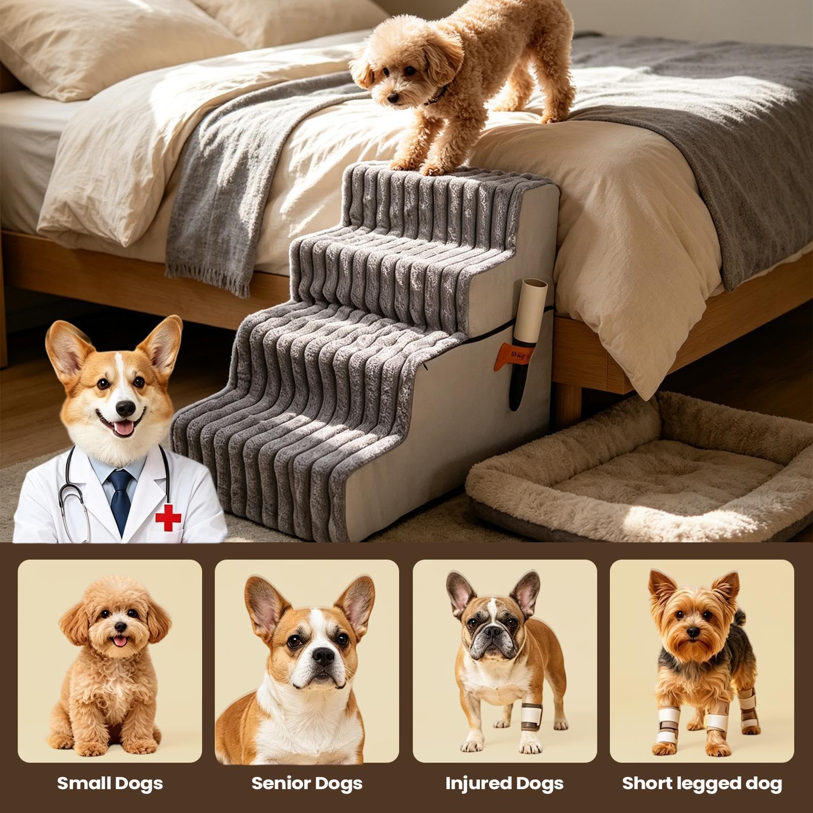 Escalón para perros Escalerilla accesorio removible y lavable para mascotas | Escalones equilibrados para cama de perro Para Cachorros Gatos Sofá Sillón Apartamento Balcón