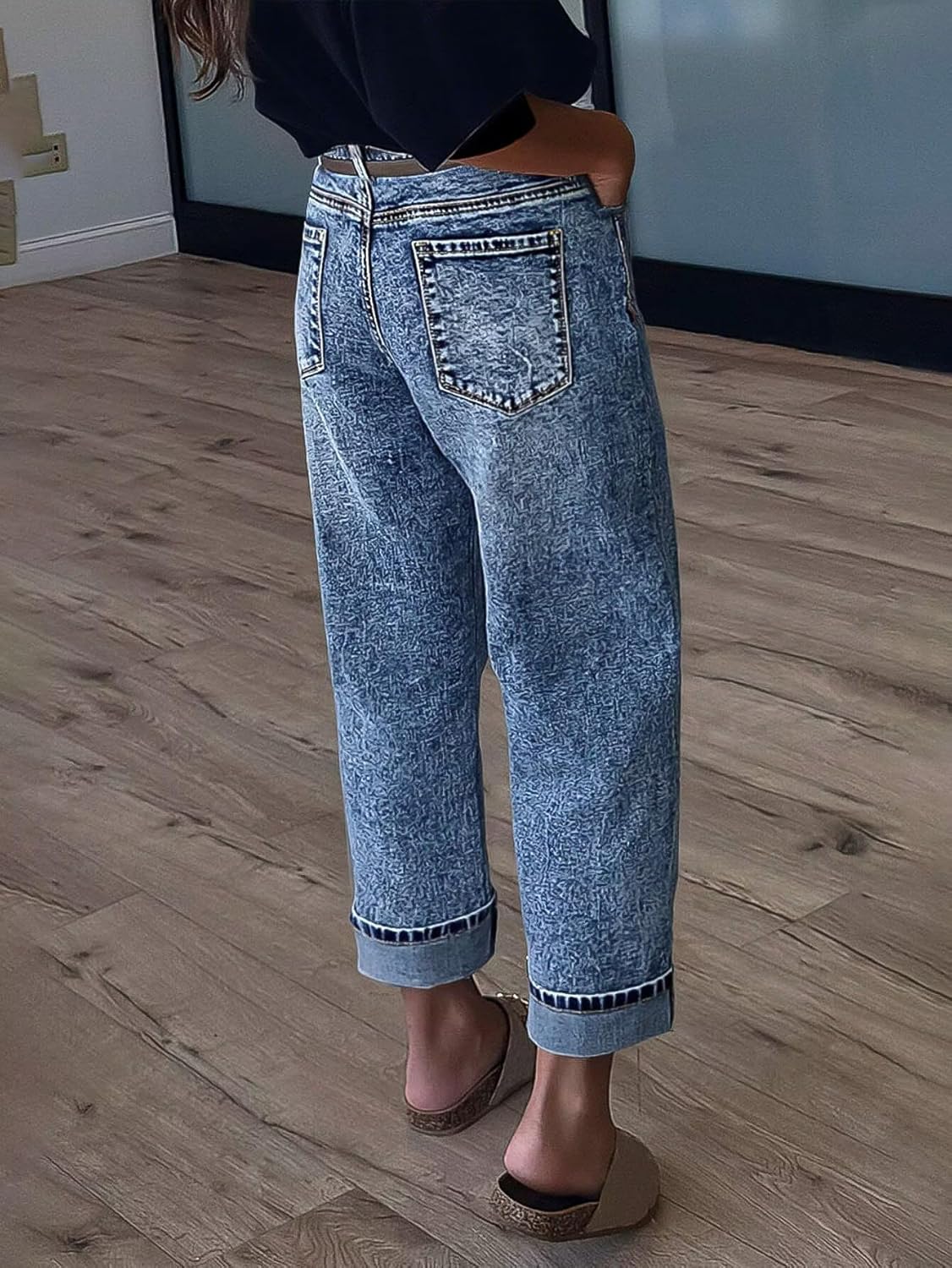 Flamingals Straight Leg Jeans for Women Boyfriend Mid Rise Roll Hem Wash Cropped Denim Pants Without Belt - Image 5