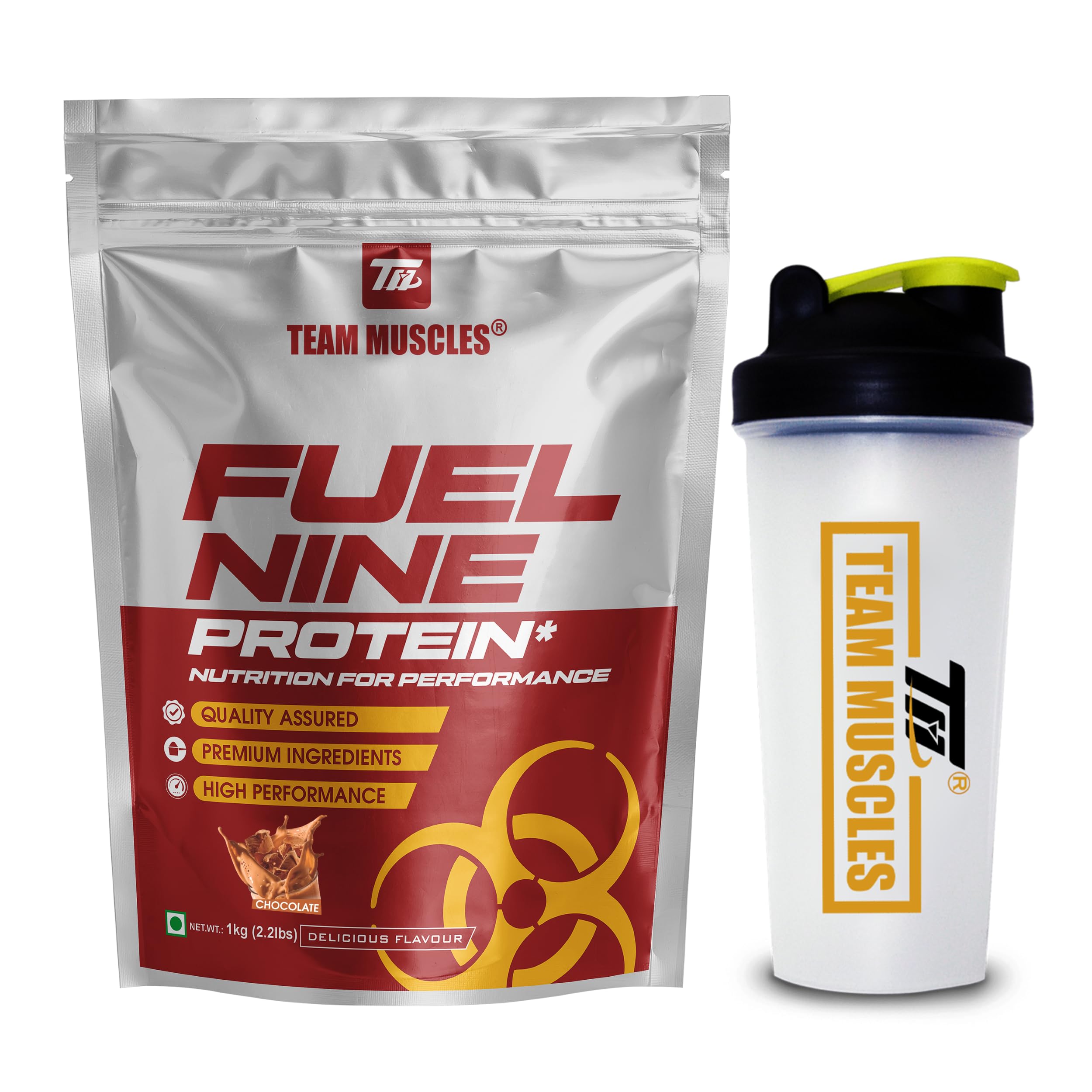 Team Muscles Fuel Nine Whey Protein-1 Kg | Whey Protein | Gold Whey | Tm Supplement | Protein Powder (Chocolate, PO1+SHAKER)