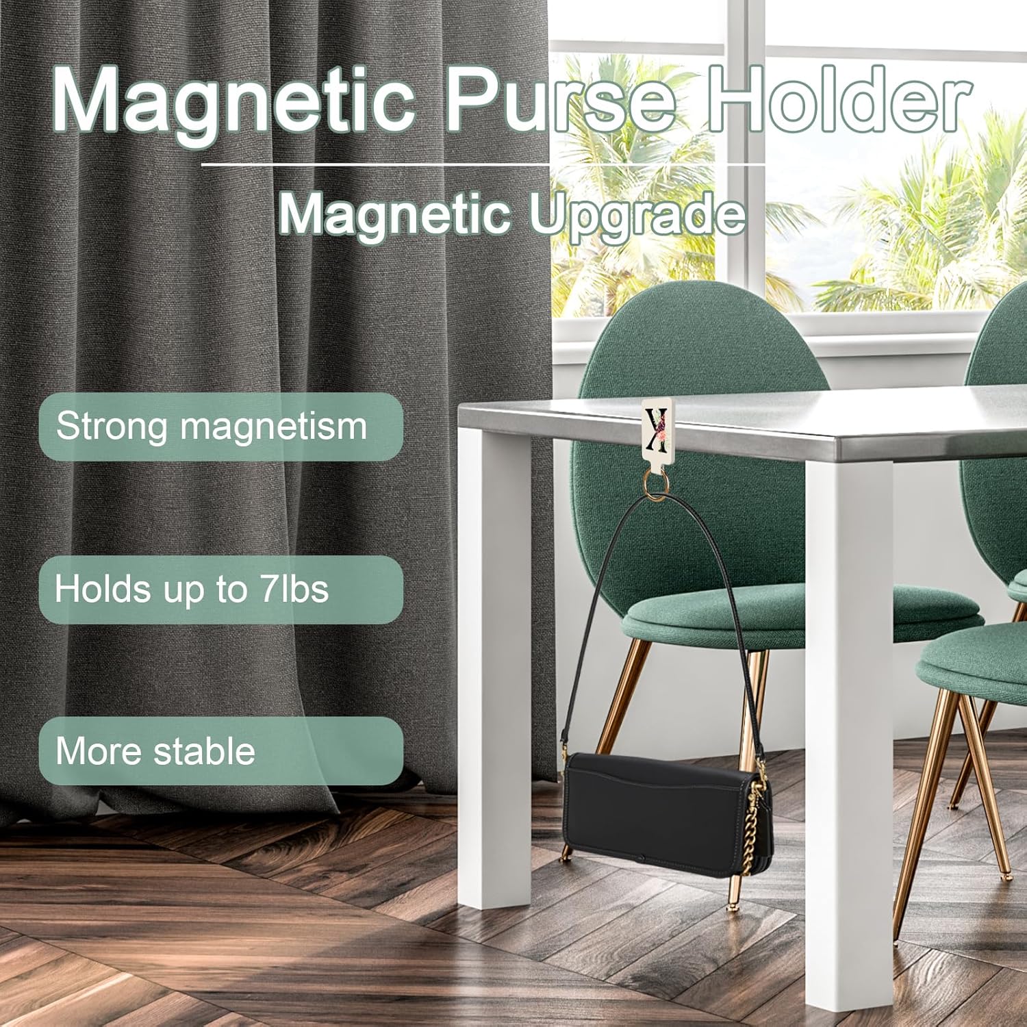 Letter A-Z Strong Magnetic Purse Holder Stylish Floral Design Handbag Hanger for Women Suitable for Table Tops Metal Wall Door Hinge Frame Shopping Cart Valentine's Day Gift Bag Charms - Image 2