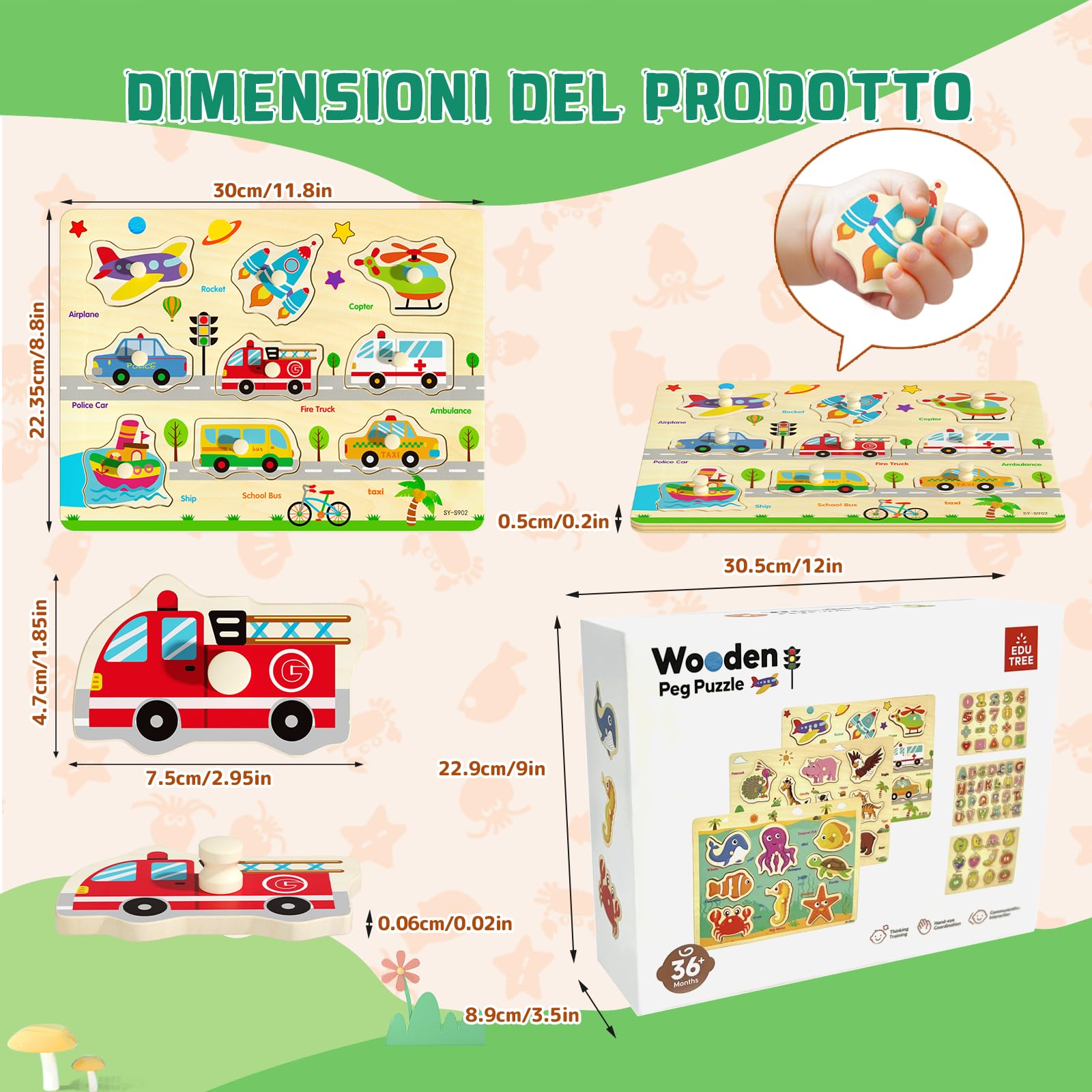 Puzzle con pioli in legno per bambini dai 2 ai 4 anni, confezione da 6 giocattoli educativi Montessori, puzzle regalo per bambini da 1 a 3 anni con numeri dell'alfabeto e forme di animali