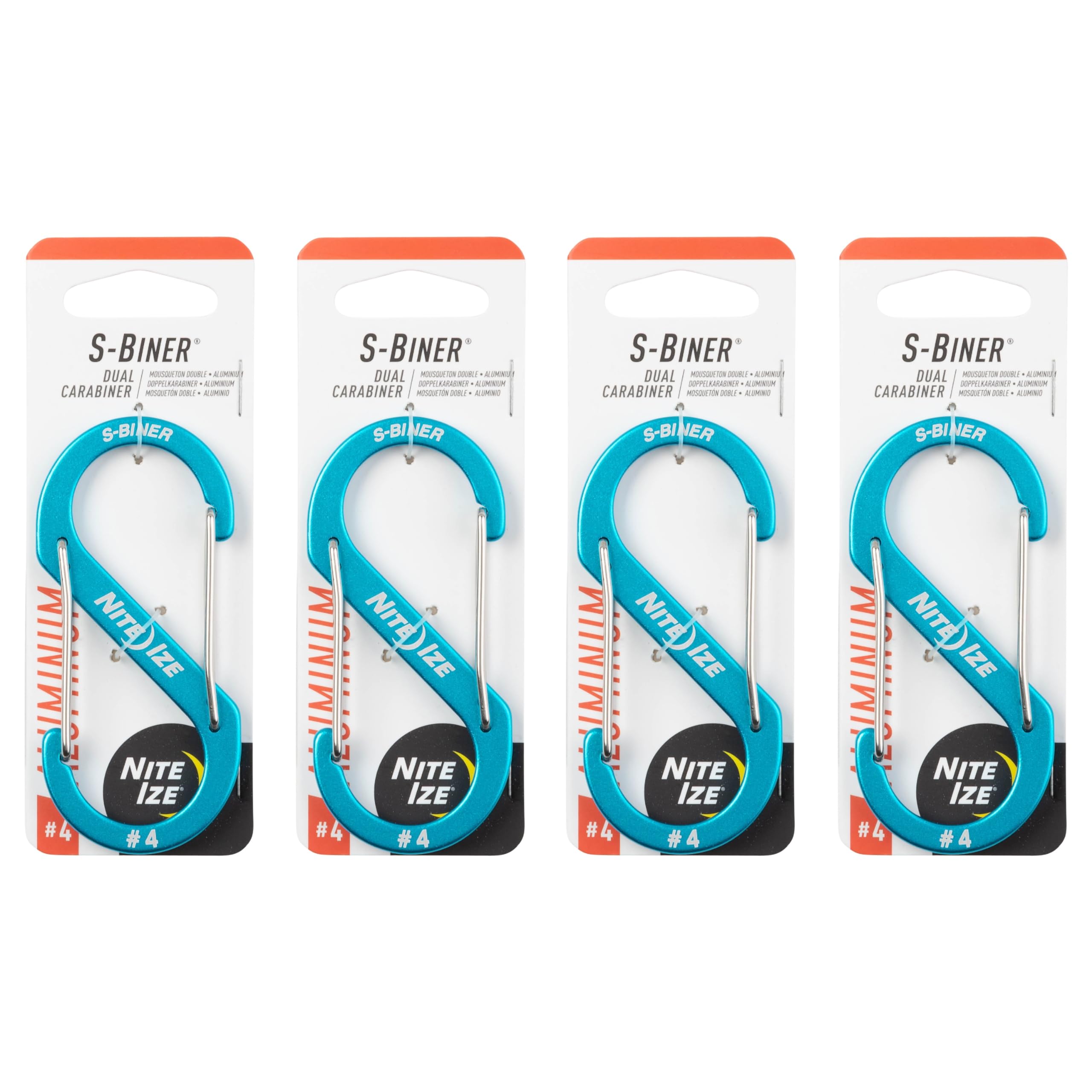 Nite Ize S-Biner Aluminum Dual Carabiner - Durable Dual Carabiner with Wire Gate Closure - Carabiner for Organizing Keys & Gear Attachments - Size 4, Blue (4 Pack)