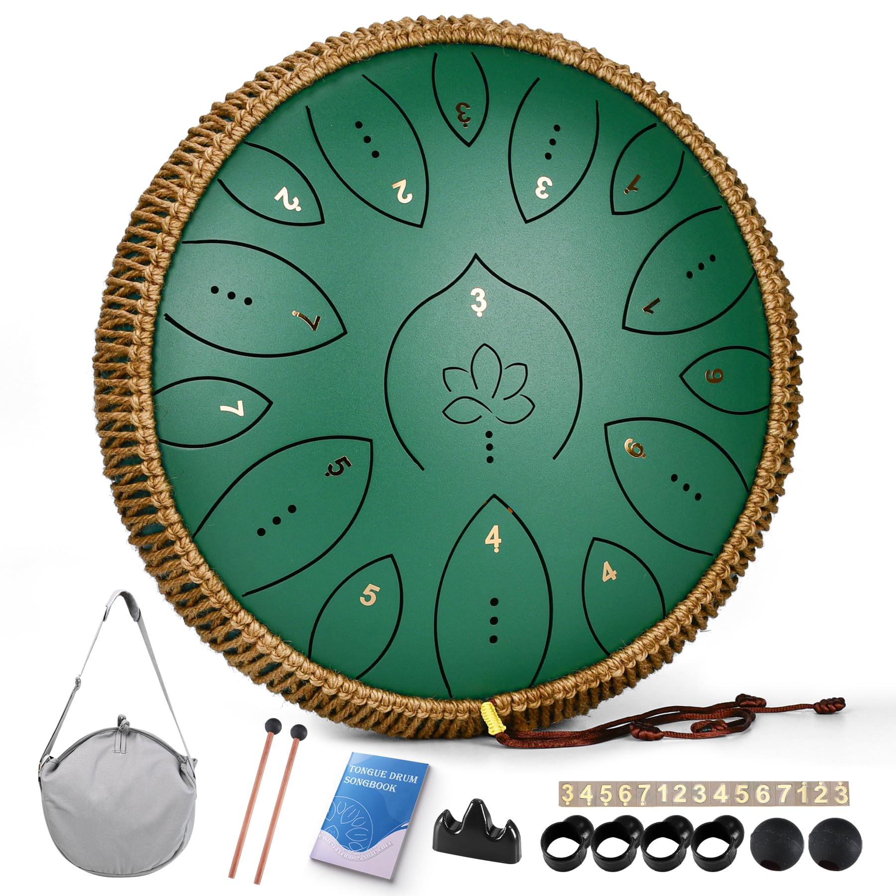 Zungentrommel 13 Zoll 15 Töne, Hand Pan Drums für Erwachsene 440hz, C-Dur Handpan Musikinstrument mit Liederbuch, Schlägeln und Tragetasche, Grün