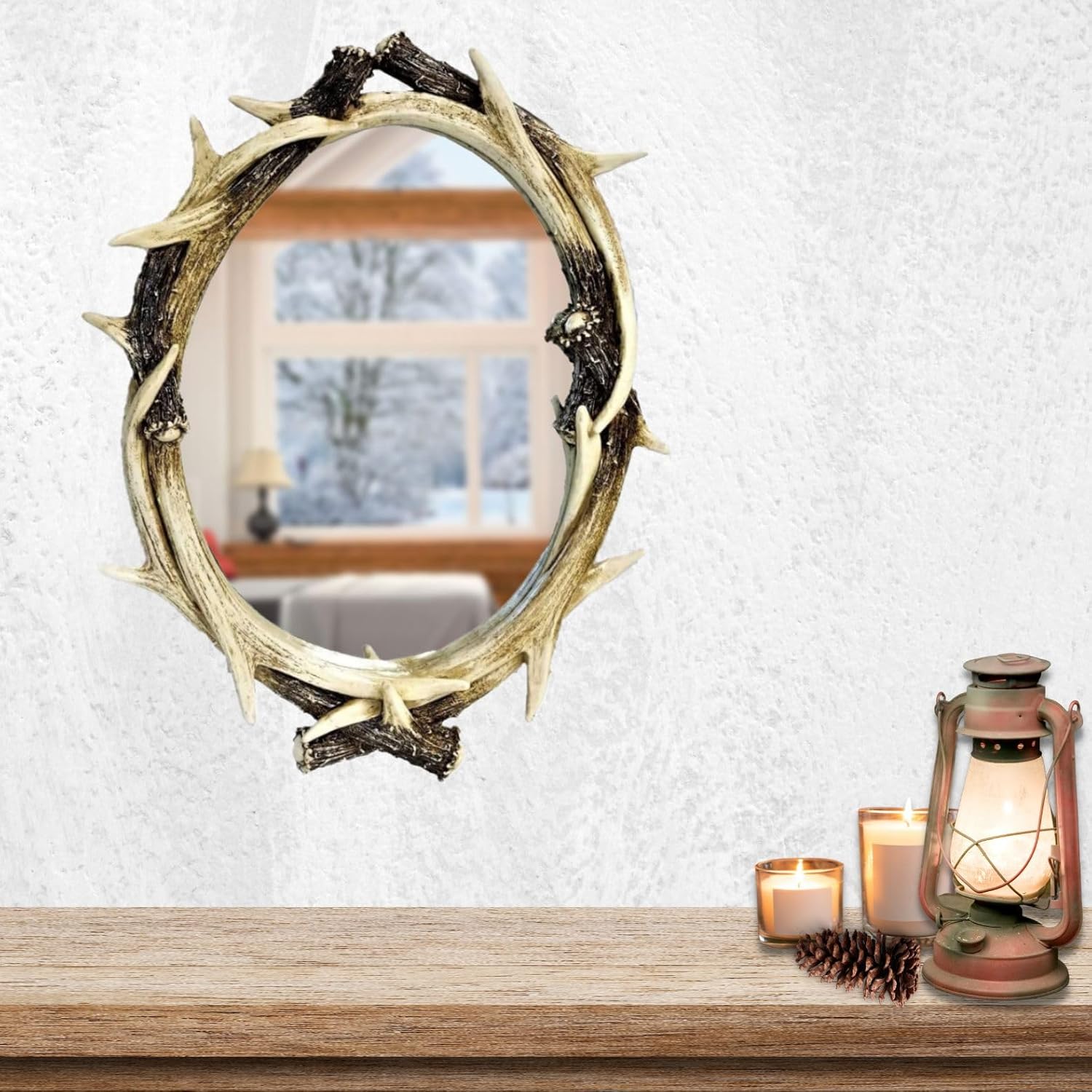 BestGiftEver Rustic Faux Deer Antler Oval Wall Mirror Cabin Lodge Hunting Style Decor 26"