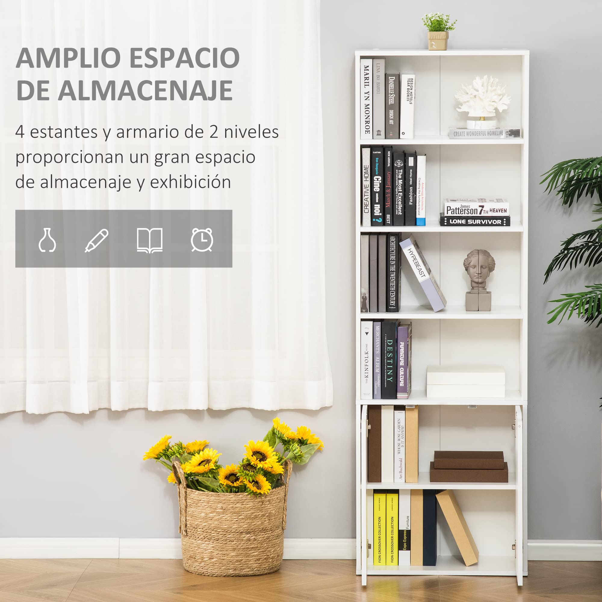 HOMCOM Estantería para Libros de 6 Niveles, Librería con 2 Puertas, 4 Estantes Abiertos, Armario Alto para Salón, Estudio, Oficina, 59x29x180 cm, Blanco