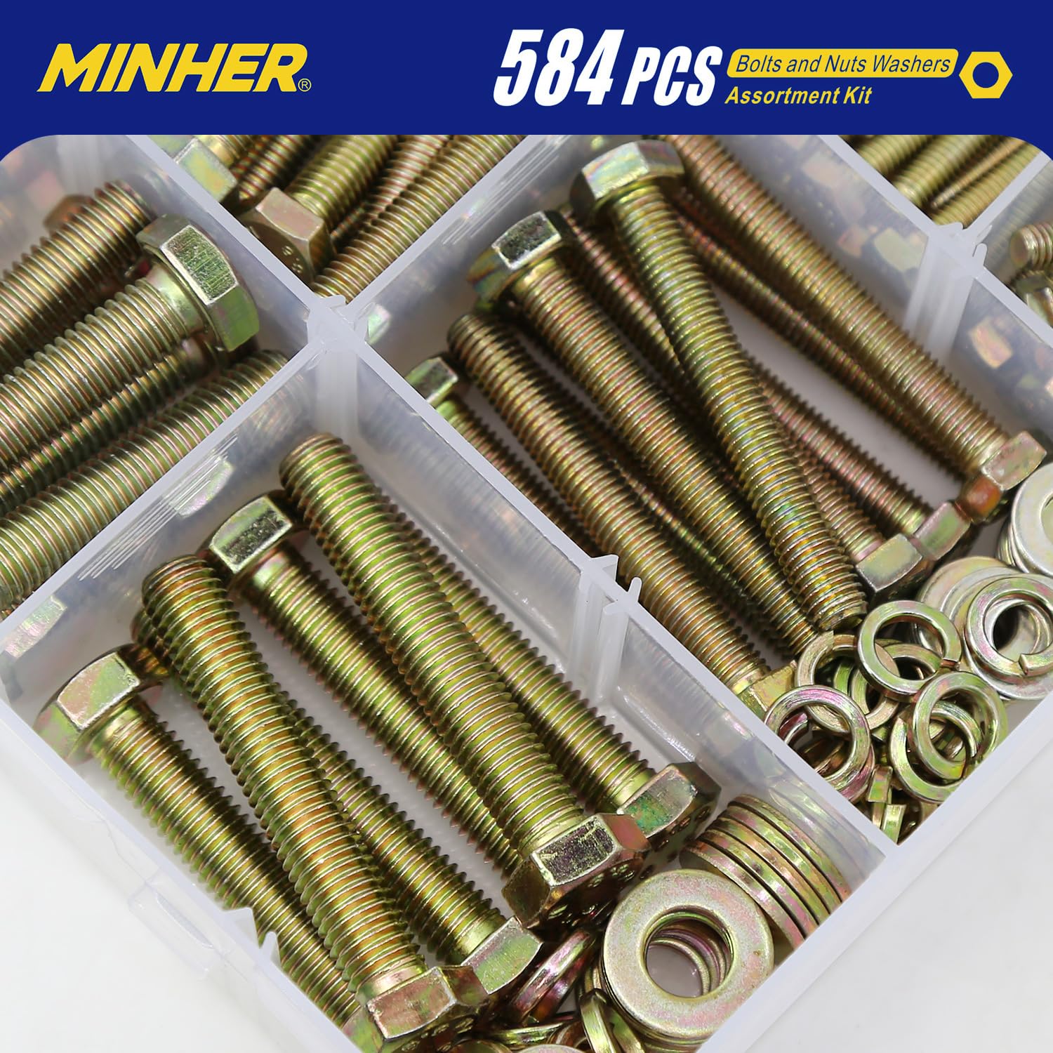 MINHER 584 pieza M6 M8 M10 de Tornillos Hexagonales y Juego de Tuercas y Arandelas, Acero Aleado Galvanizado de Grado 8,8
