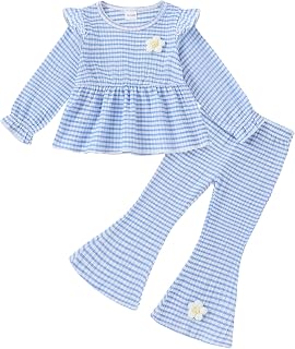 SODLON Toddler Girl Clothes Ruffle Bell Bottoms Fall Winter Outfits 18M-6T | Little Girls Outfit, Long Sleeve Ruffle Knit Top Ribbed Flare Pants, 2-Piece Kids Clothing for School, Holiday and Photos