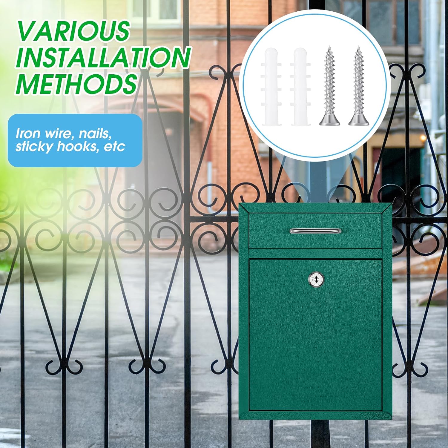 Yaocom Locking Mailbox with Key for Outdoor 12.2 x 8.5 x 3 Inches Large Wall Mount Mail Box with Lock Security Mail Drop Metal Collection Boxes Hanging Secure Postbox(Green)