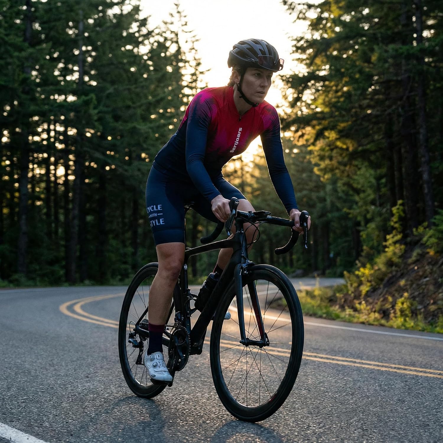 Women's Long Sleeve Cycling Jersey, Quick Dry Bike Top with Reflective Strip, Zipper and Pockets