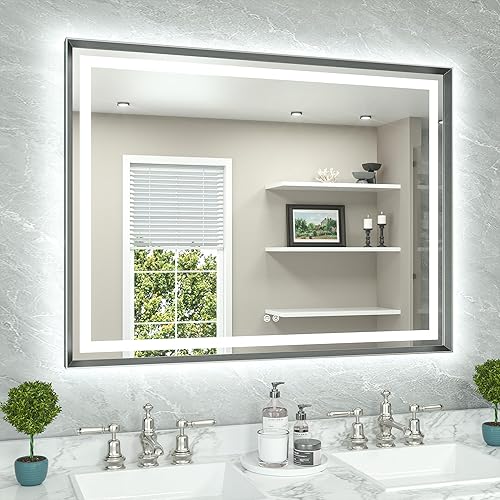 Miniatura 13 de TETOTE Espejo LED de baño de 24 x 32 pulgadas, marco de metal dorado cepillado frontal y retroiluminado, espejo de tocador antiniebla, regulable Oro
