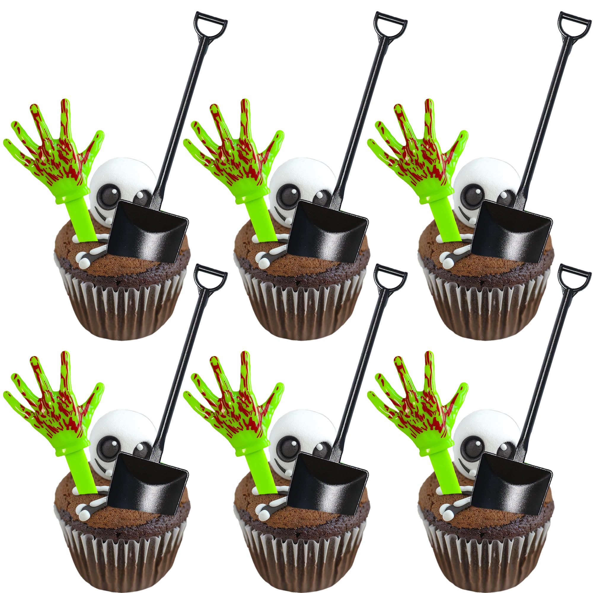 Gyufise 24 Set Halloween Zombie Hands Decorations Green Skeleton Hands Cake Toppers Halloween Shovel Spoons Horror Spooky Desserts for Zombie Birthday Party Decoration