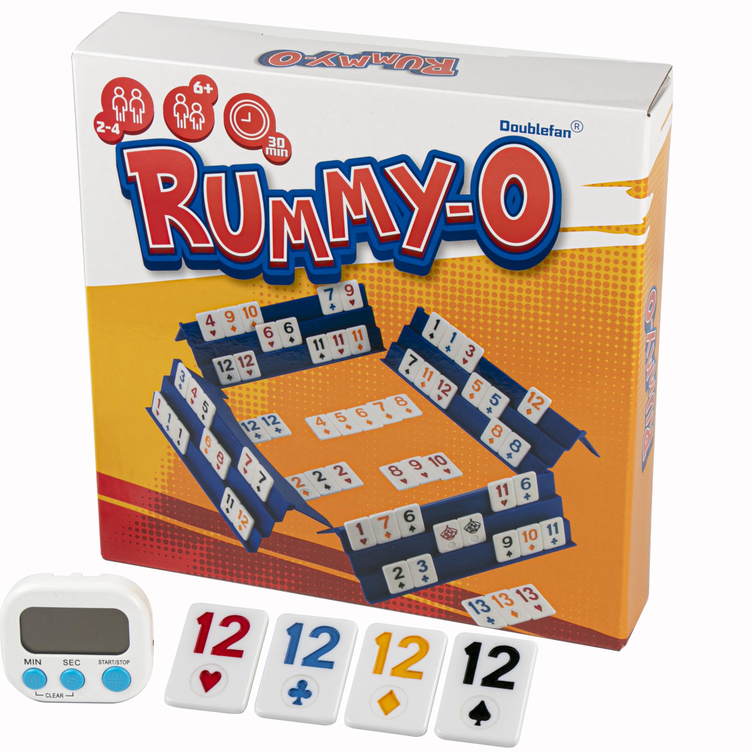 Doublefan Upgraded Rummy Game,Rummy-O with Color Unique Poker Playing Way,Rummy Cube Orginal Classic Board Game for Adult and Kids,106 Tiles, 4 Playing Rack, 1 Timing, 1 Dice (2-4 Players)