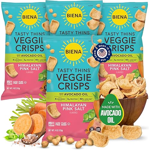 BIENA Tasty Thins Veggie Crisps - Made with Avocado Oil - Low Calorie Veggie Chips for Adults and Kids - 4-Pack, 4 Ounce Bags - Himalayan Pink Salt