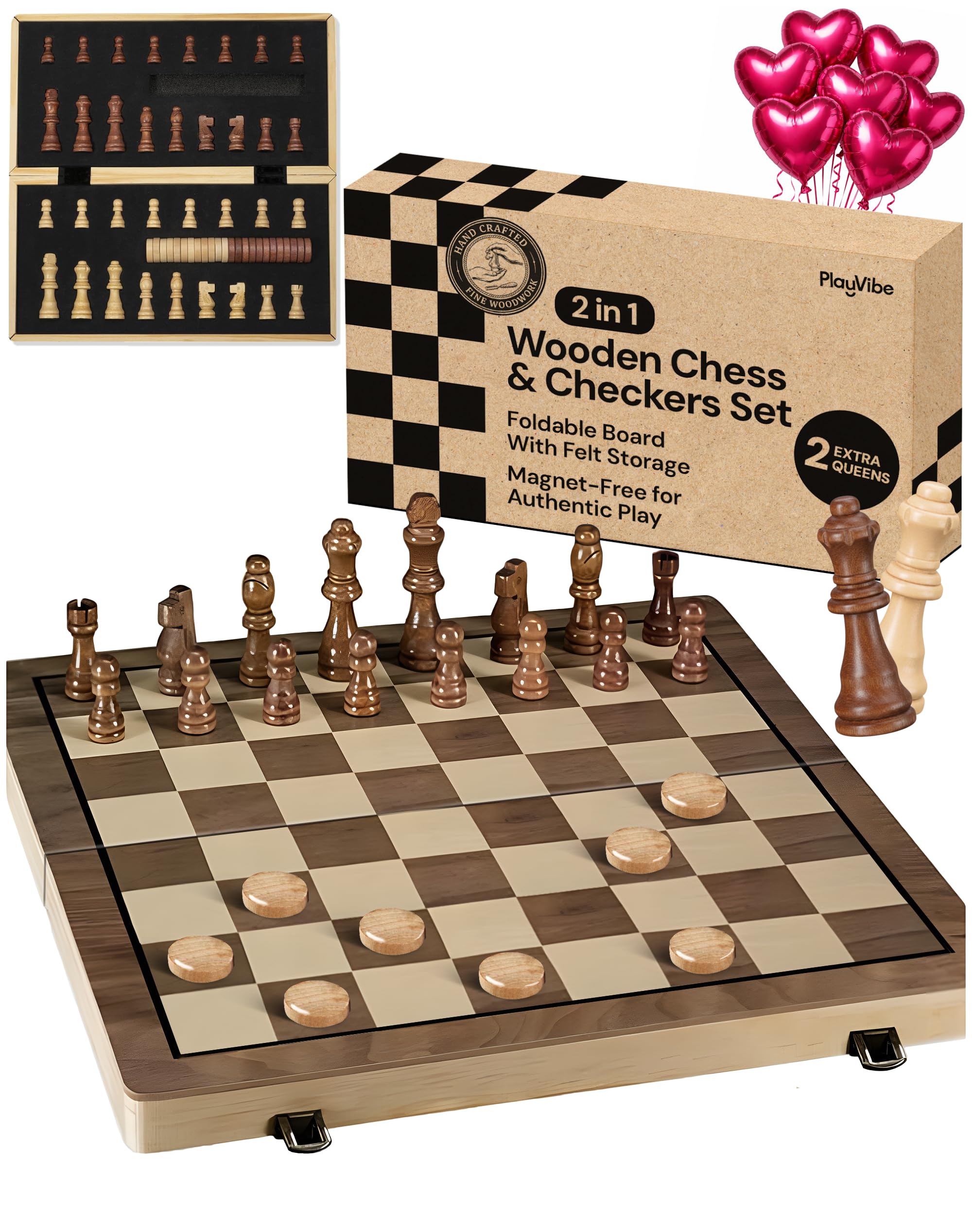 PlayVibe Wooden Chess Set 15'' & Checkers Board Games for All Players with 2 Extra Queens - Handmade Classic Wooden Chess Board, Portable & Folding