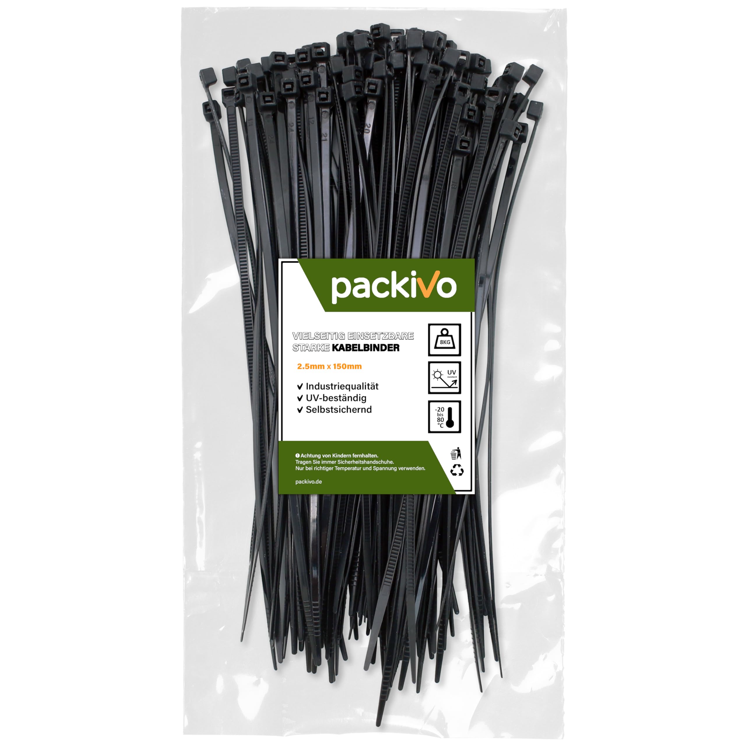 packivo Cable Ties, 2.5 x 150 mm, Black, Stable and Tear-Resistant for Cable Management, UV-Resistant, 8 kg Tensile Strength, Industrial Quality, Made of Durable Nylon, Pack of 100