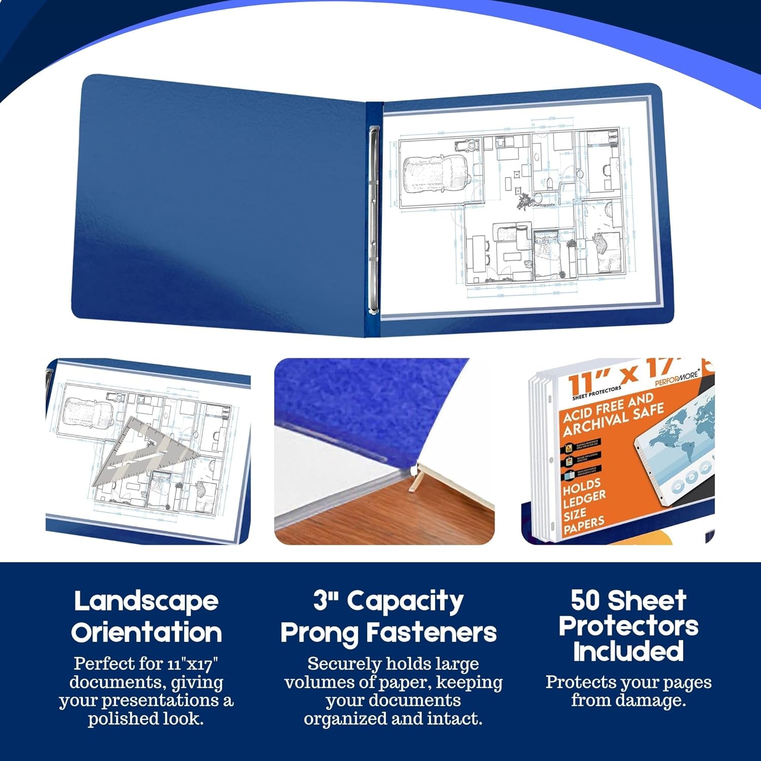 Performore - 10 Pack of 11 x17 Landscape Pressboard Presentation Binder Folders with 50 Sheet Protectors. Blue Fiberboard Report Covers with 3" Capacity Metal Prong Paper Fastener to Bind Reports