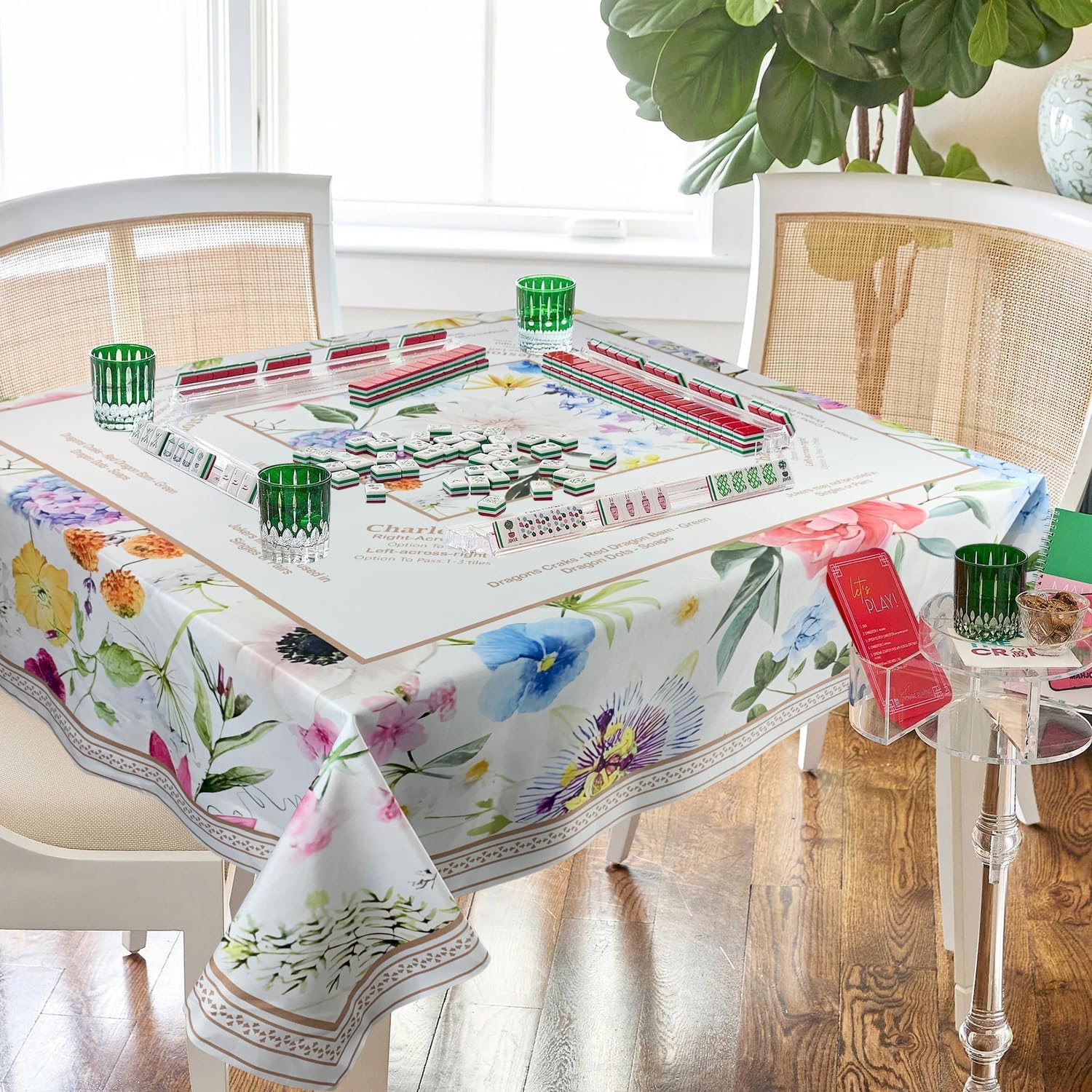 SHIYUE Chinoiserie Mahjong Tablecloth Mats Floral Card Table Cloth 55" x 55" Square Game Instructions for Beginner, Card, Board Tile Games Gift (Colorful Flowers)