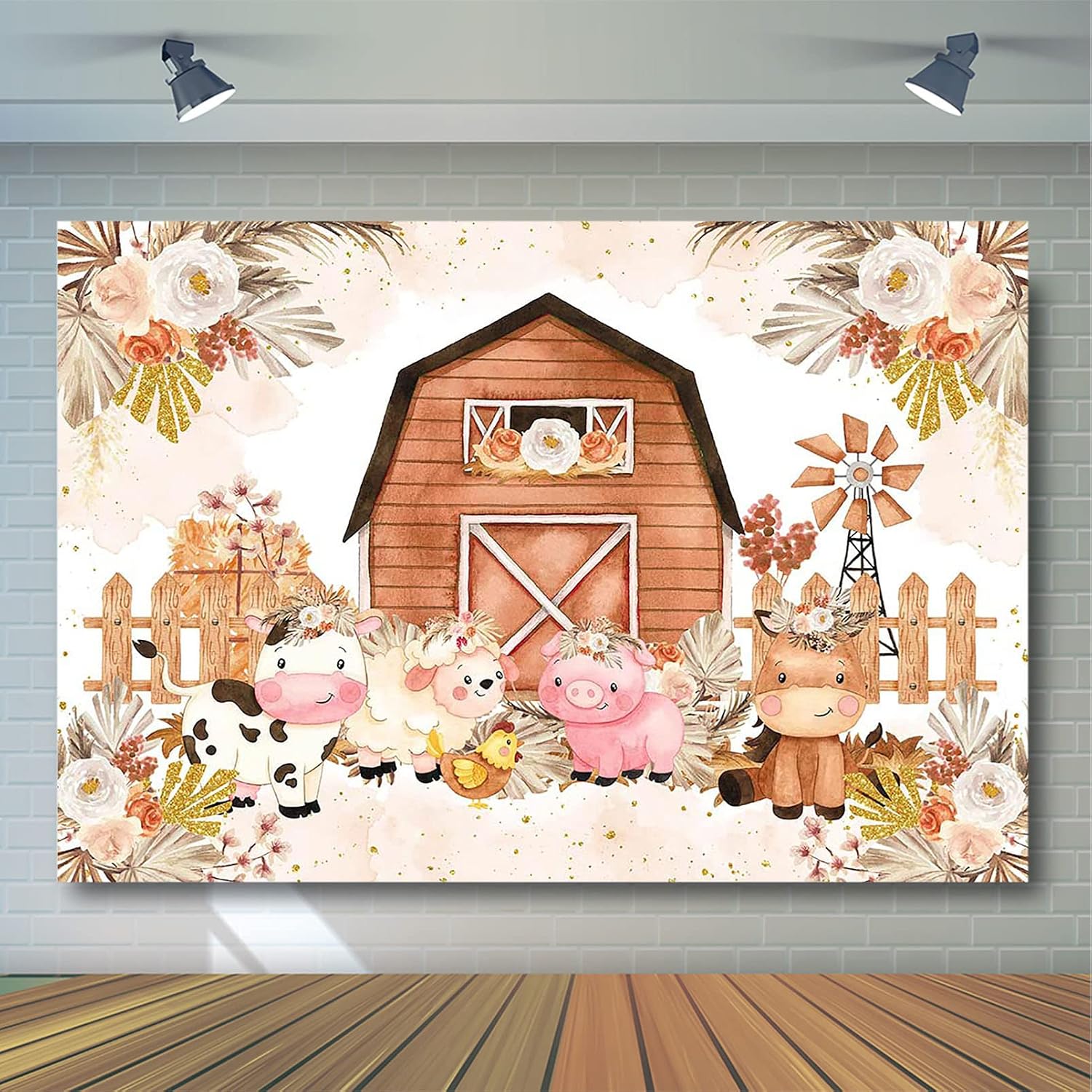 Avezano Farm Backdrop Rustic Farm Theme Birthday Baby Shower Party Decorations for Kids Boho Barn Farm Animals Boho Floral Photography Background (7x5ft)