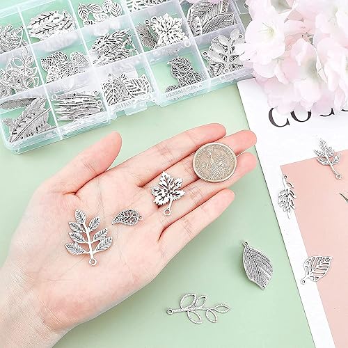 Miniatura 3 de PH PandaHall 150 dijes de hoja de árbol, 15 estilos de filigrana de hoja de metal, dijes de plantas de aleación tibetana de plata antigua, colgantes