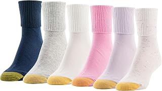 GOLDTOE Women's Classic Turn Cuff Socks, Multipairs | Cotton blend convertible turn-cuff anklets worn straight, slouched or cuffed, with a reinforced toe; extended size, 6 pairs.