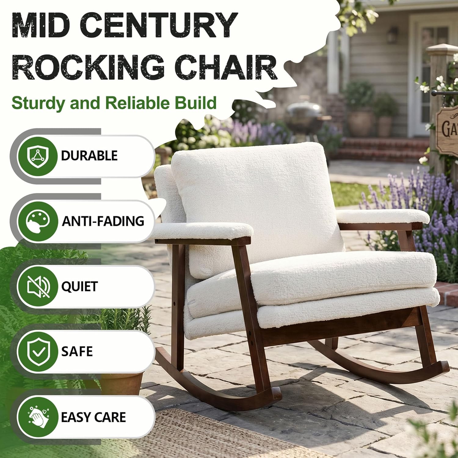 HRVEOCEI White Upholstered Rocking Chair with Cushion, Sherpa Rocking Accent Chair for Living Room Bedroom Nursery, Wooden Frame, 250 LBS Capacity (Antique White)
