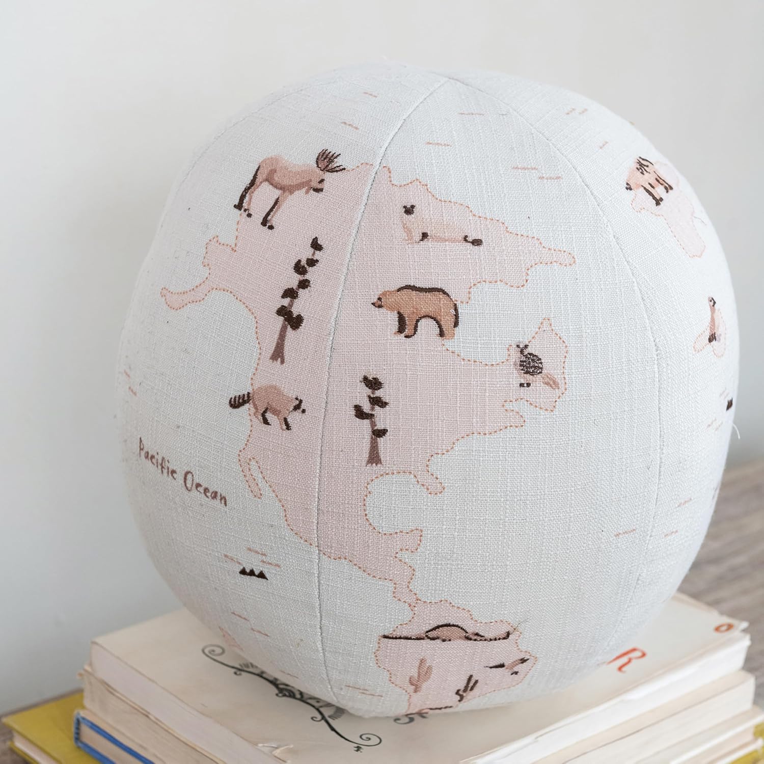 Creative Co-Op Round Fabric Printed Globe Shaped Orb Pillow with Animals and Embroidery, Multicolor