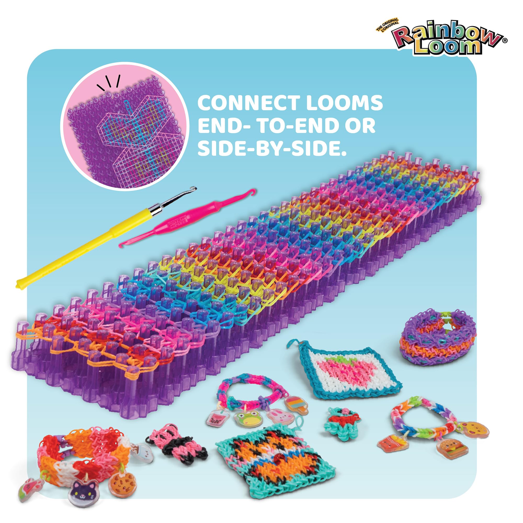 Rainbow Loom Mega Loom Duo - Set di braccialetti con 2 telai Mega Mighty, esclusivi Amazon, 3800 elastici, perline e ciondoli per bambini e adolescenti | Dispone di 2 telai Mega Mighty, 3800 bande in 12 colori, ciondoli carini per creazioni fai da te